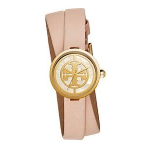 New TORY BURCH Blush Pink Double Wrap Leather Strap Watch Gold Reva